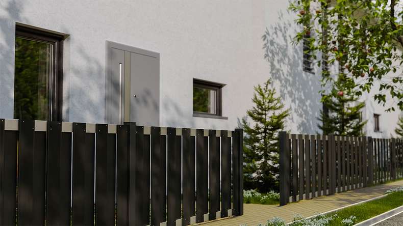 planeo Gardence Premade - Clôture de jardin BPC Clôture d'avant-cour Anthracite avec EV1 argent Traverse 180 x 90cm