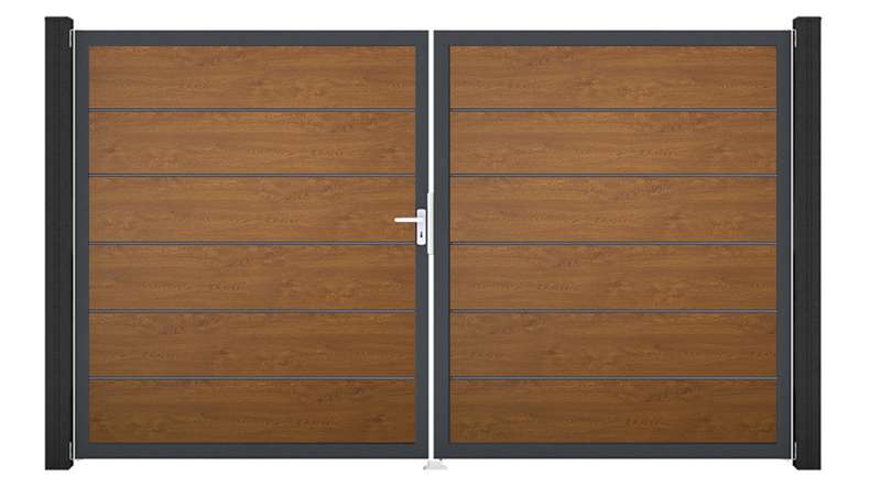 planeo Gardence Simply Premium - Porte PVC - DIN gauche 2 vantaux Golden Oak avec cadre alu anthracite | DB703 300 x 180 cm