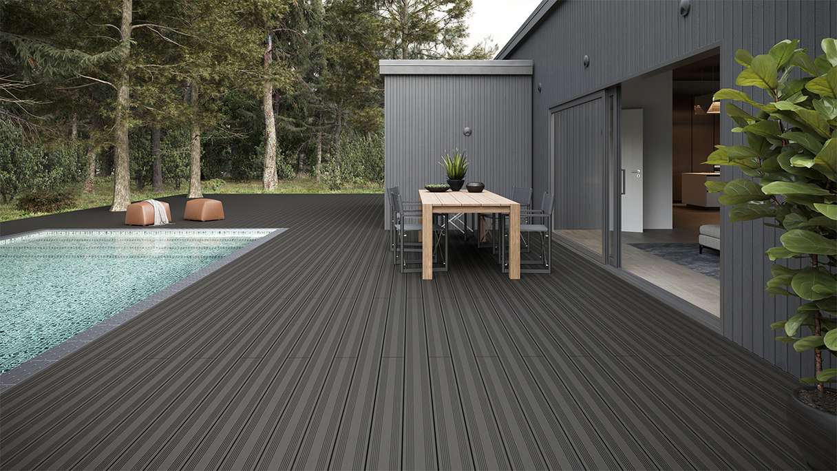 planeo SolidWood Kit complet de terrasse en WPC Planche massive - gris foncé français/structuré