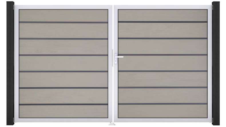 planeo Gardence Deluxe - Portail BPC - à deux vantaux, bicolore « sable », avec cadre en aluminium