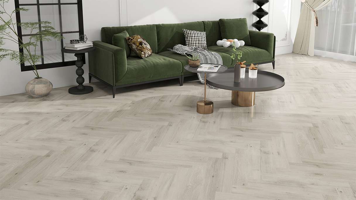 planeo Vinyle à clic rigide - SolutionX 2in1 arête de poisson Chêne gris clair | Isolation phonique intégrée (ECF-HB-3855)