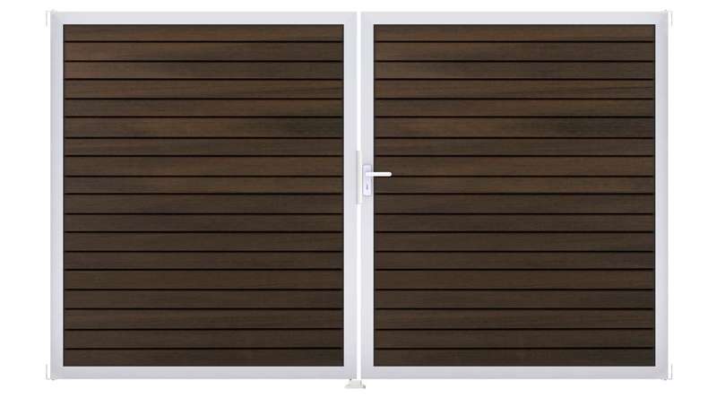 planeo Gardence Trendy - Porte composite en rhombe - DIN droite 2 vantaux noyer co-ex avec cadre en aluminium argenté