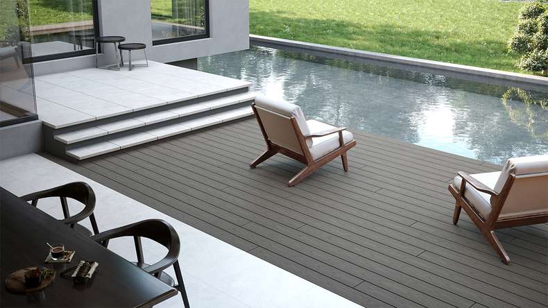 planeo CoEXWood Lame de terrasse WPC massif enrobé - gris/ciment 3m structuré