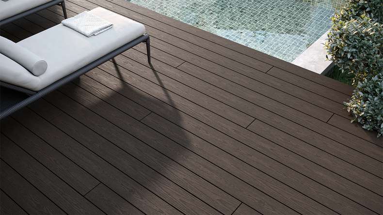 planeo CoEXWood Lame de terrasse WPC massif enrobé - brun clair/brun foncé 3m structuré