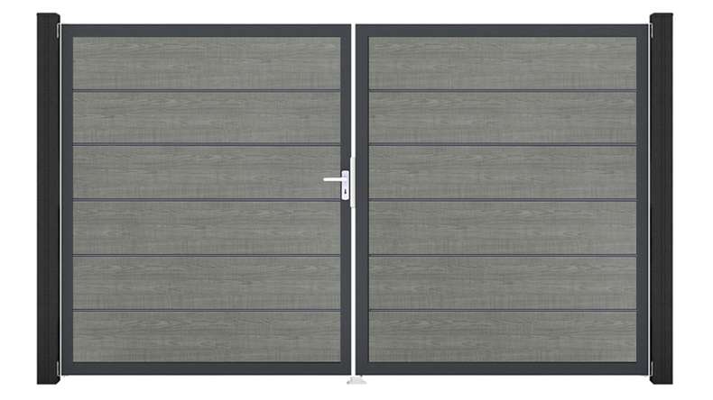planeo Gardence Simply Premium - Portail en PVC à deux vantaux « Grey Ash Cut » avec cadre en aluminium, 300 x 180 cm