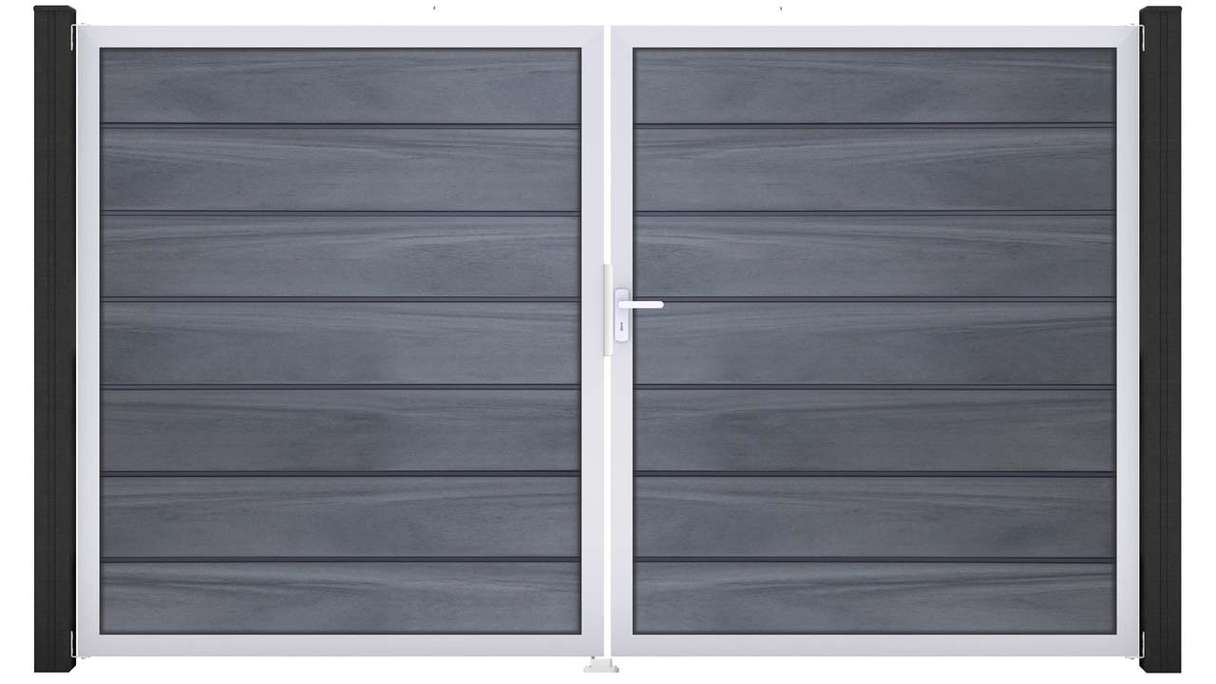 planeo Gardence Deluxe - Portail BPC - À deux vantaux, gris pierre, co-extrudé avec cadre en aluminium