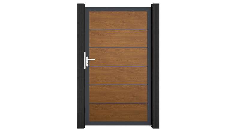 planeo Gardence Simply Premium - Portail universel en PVC « Golden Oak » avec cadre en aluminium, 100 x 180 cm