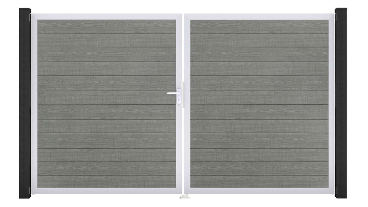 planeo Gardence Simply Small - Portail en PVC à deux vantaux « Grey Ash Cut » avec cadre en aluminium, 300 x 180 cm