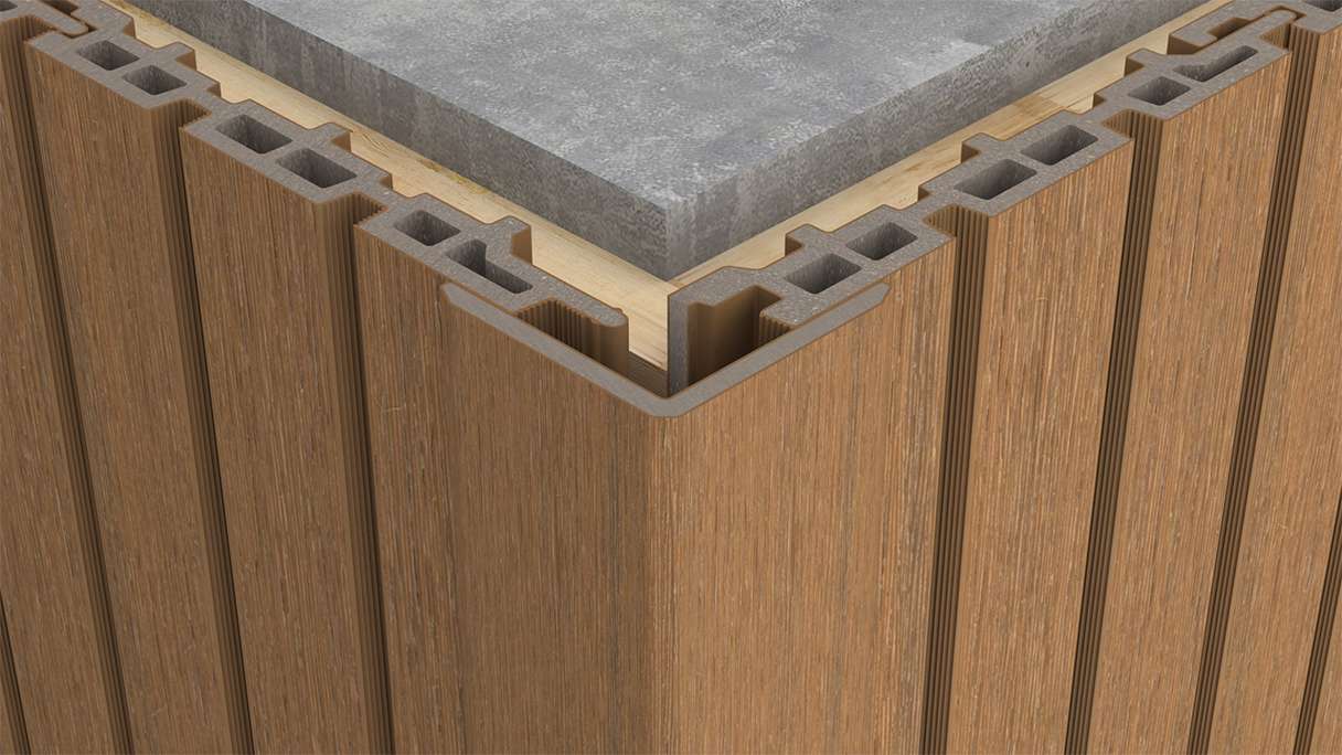 planeo LINEA - Angles intérieurs et extérieurs en WPC CoEx « Burma Teak » 2900 x 55 x 55 mm