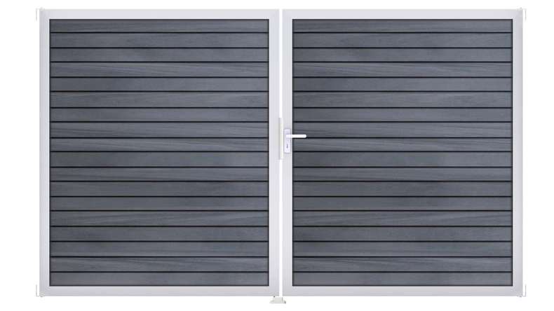 planeo Gardence Trendy - Portail BPC en losange - 2 vantaux, gris pierre, co-extrudé avec cadre en aluminium