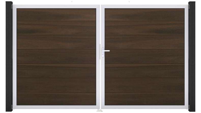 planeo Gardence Strong XL - Portail BPC - 2 vantaux, finition noyer co-ex avec cadre en aluminium