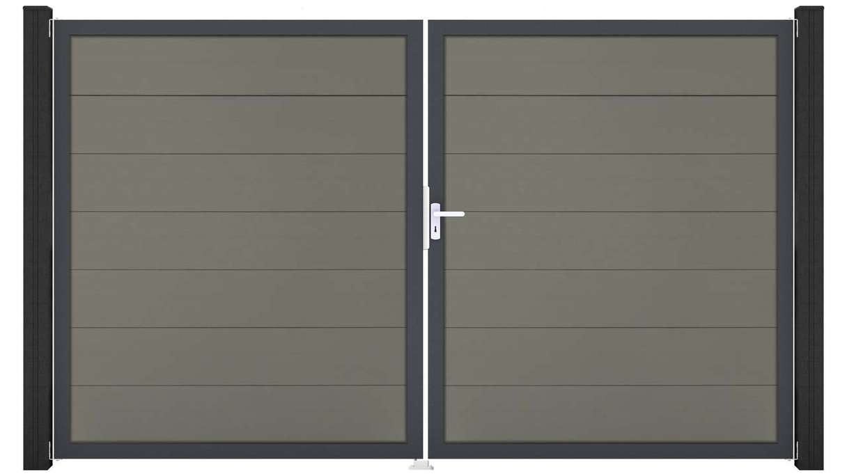 planeo Gardence Strong XL - Portail BPC - À deux battants, gris, avec cadre en aluminium
