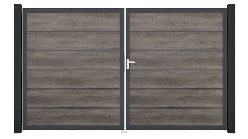 planeo Gardence Simply Premium - Portail en PVC à deux vantaux, couleur Monument Oak, avec cadre en aluminium, 300 x 180 cm