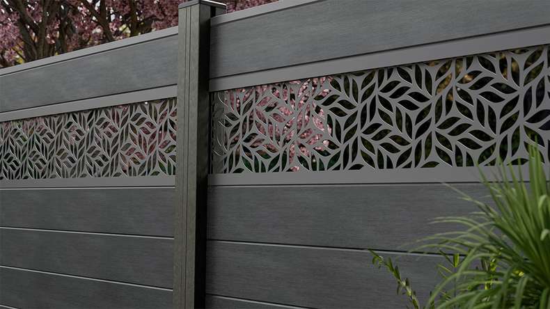 planeo Gardence Strong - Clôture à emboîter BPC Leafs gris pierre co-ex 180 x 180 cm