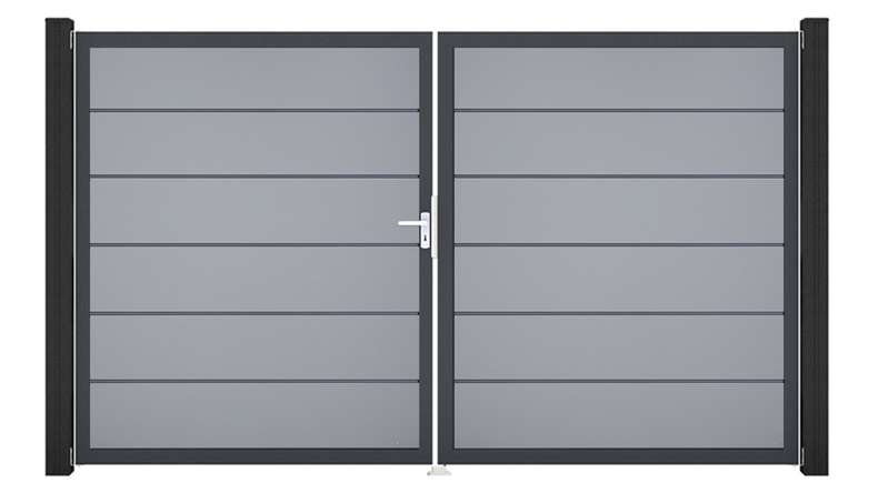 planeo Gardence Simply Premium - Portail en PVC à deux vantaux, gris argenté, avec cadre en aluminium, 300 x 180 cm