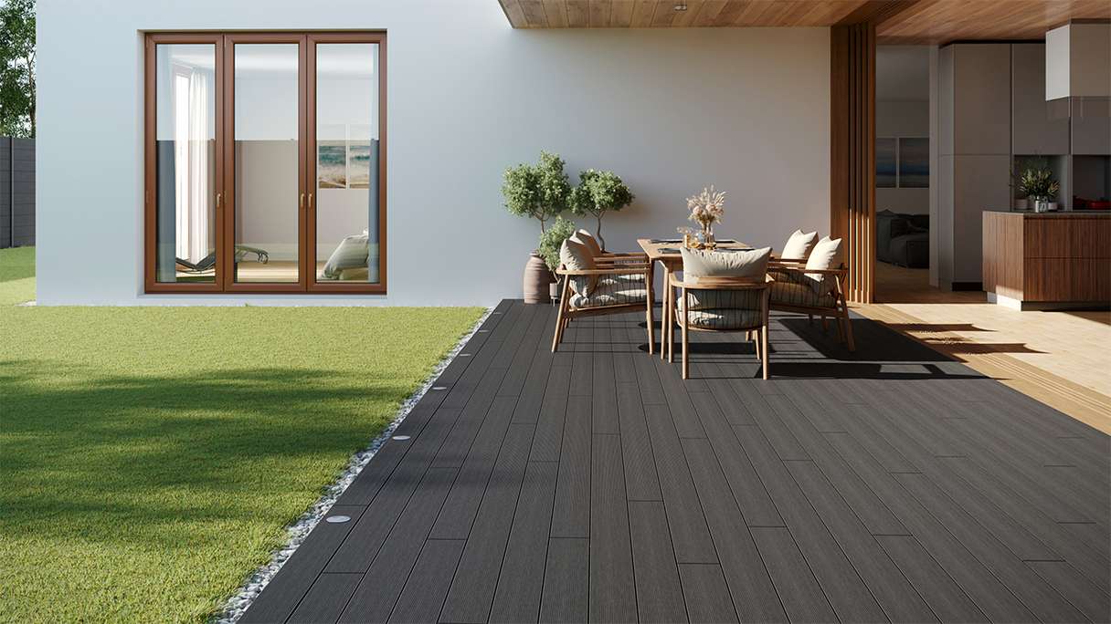 planeo LineWood Lame de terrasse WPC massif - gris foncé 3m rainuré/cannelé