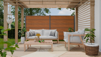 planeo Gardence Simply Premium - Clôture PVC à emboîter Golden Oak avec pilastres en anthracite 180 x 180 cm