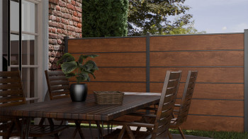 planeo Gardence Simply Premium - Clôture PVC à emboîter Golden Oak avec pilastres en anthracite 180 x 180 cm