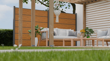 planeo Gardence Simply Premium - Clôture PVC à emboîter chêne cendré naturel avec pilastres anthracite 180 x 180 cm