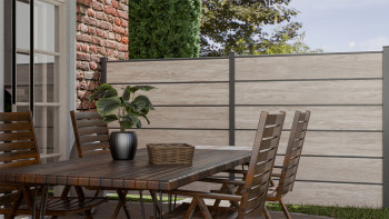 planeo Gardence Simply Premium - Clôture à emboîter en PVC Sheffield Oak light avec pilastres en anthracite 180 x 180 cm
