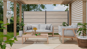 planeo Gardence Simply Premium - Clôture à emboîter en PVC Sheffield Oak light avec pilastres en anthracite 180 x 180 cm