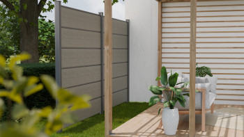 planeo Gardence Simply Premium - Clôture à emboîter en PVC Grey Ash Cut avec pilastres en anthracite 180 x 180 cm
