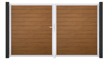 planeo Gardence Simply Small - Porte PVC - DIN gauche 2 vantaux Golden Oak avec cadre alu argent | EV1 300 x 180 cm