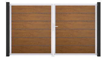 planeo Gardence Simply Premium - Porte PVC - DIN droite 2 vantaux Golden Oak avec cadre aluminium argent | EV1 300 x 180 cm