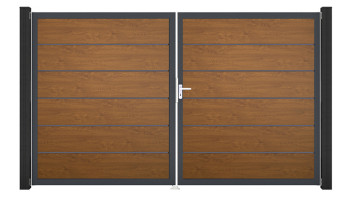 planeo Gardence Simply Premium - Porte PVC - DIN droite 2 vantaux Golden Oak avec cadre alu anthracite | DB703 300 x 180 cm