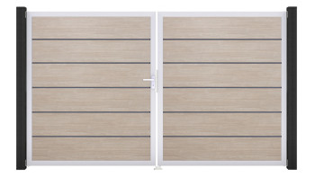 planeo Gardence Simply Premium - Porte PVC - DIN gauche 2 vantaux Sheffield Oak avec cadre aluminium argent | EV1 300 x 180 cm