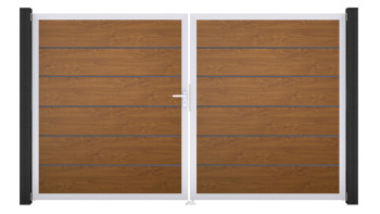 planeo Gardence Simply Premium - Porte PVC - DIN gauche 2 vantaux Golden Oak avec cadre aluminium argent | EV1 300 x 180 cm