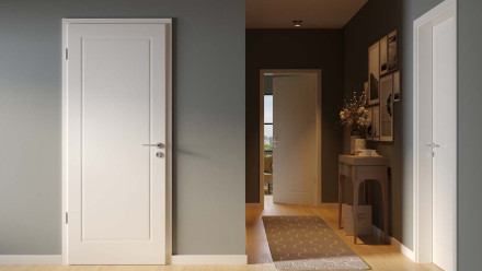 planeo Porte intérieure laquée Laque 2.0 - Nalle 9010 Laque blanche 2110 x 985 mm DIN L - Rond RSP Paumelle 3-t