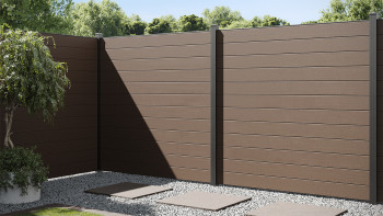 Clôture planeo Gardence WPC - Mocca Brown avec insert design au choix 180 x 180 cm