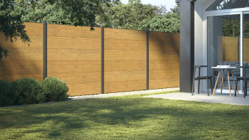 Clôture à emboîter planeo Gardence en PVC - Natural Oak avec insert design au choix 180 x 180 cm