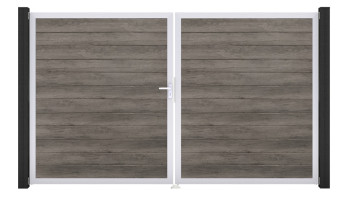 planeo Gardence Simply Small - Porte PVC - DIN gauche 2 vantaux Monument Oak avec cadre alu argent | EV1 300 x 180 cm