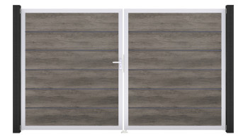 planeo Gardence Simply Premium - Porte PVC - DIN gauche 2 vantaux Monument Oak avec cadre aluminium argent | EV1 300 x 180 cm